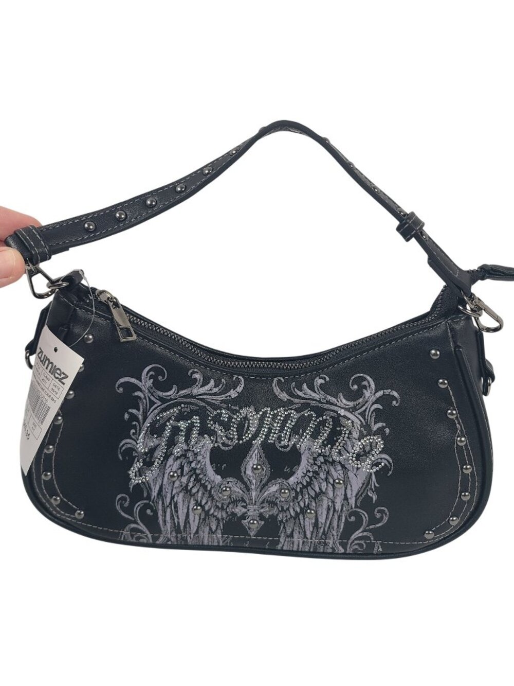 Insomnia Rhinestone Fleur Bag Black Faux Leather Shoulder Handbag 10"X 6"X 2.5"